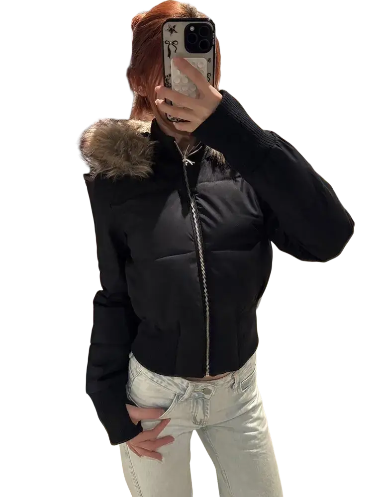 Black cropped puffer jacket with fur-lined hood designed for warmth and style in cold weather
