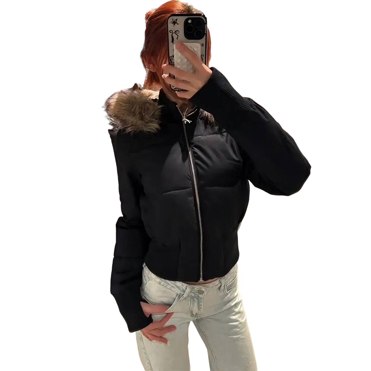 Black cropped puffer jacket with fur-lined hood designed for warmth and style in cold weather
