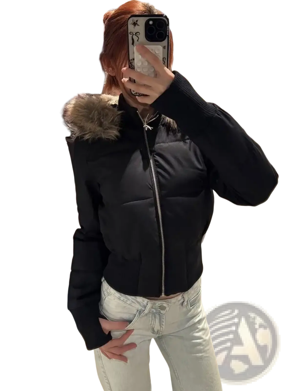 Black cropped puffer jacket with fur-lined hood designed for warmth and style in cold weather