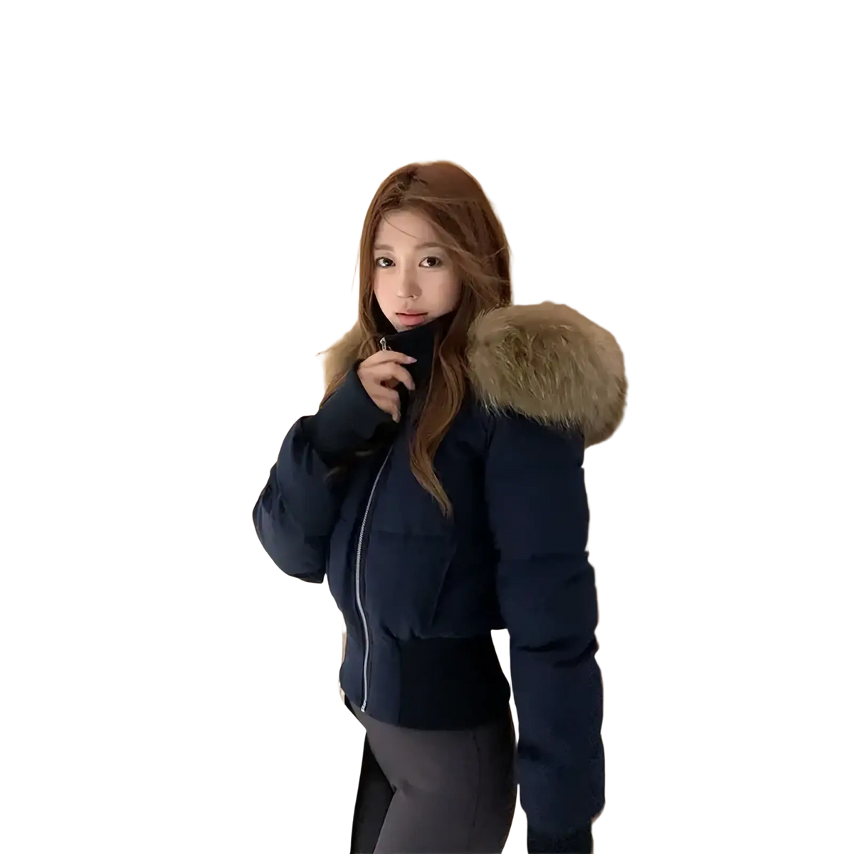 Navy blue cropped puffer jacket with fluffy brown fur-lined hood designed for warmth and style
