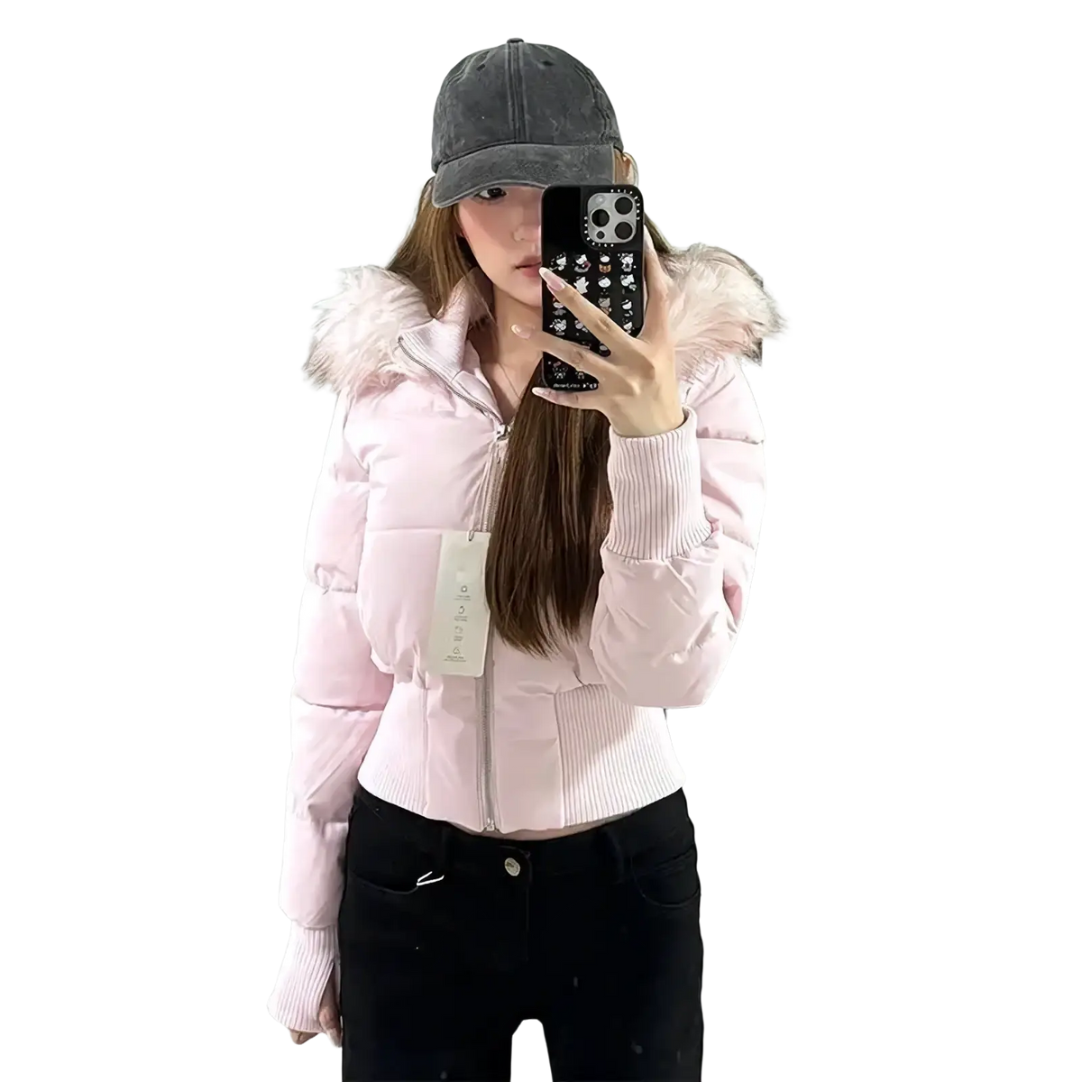 Pink cropped puffer jacket with fluffy white fur-lined hood and ribbed cuffs for warmth and style