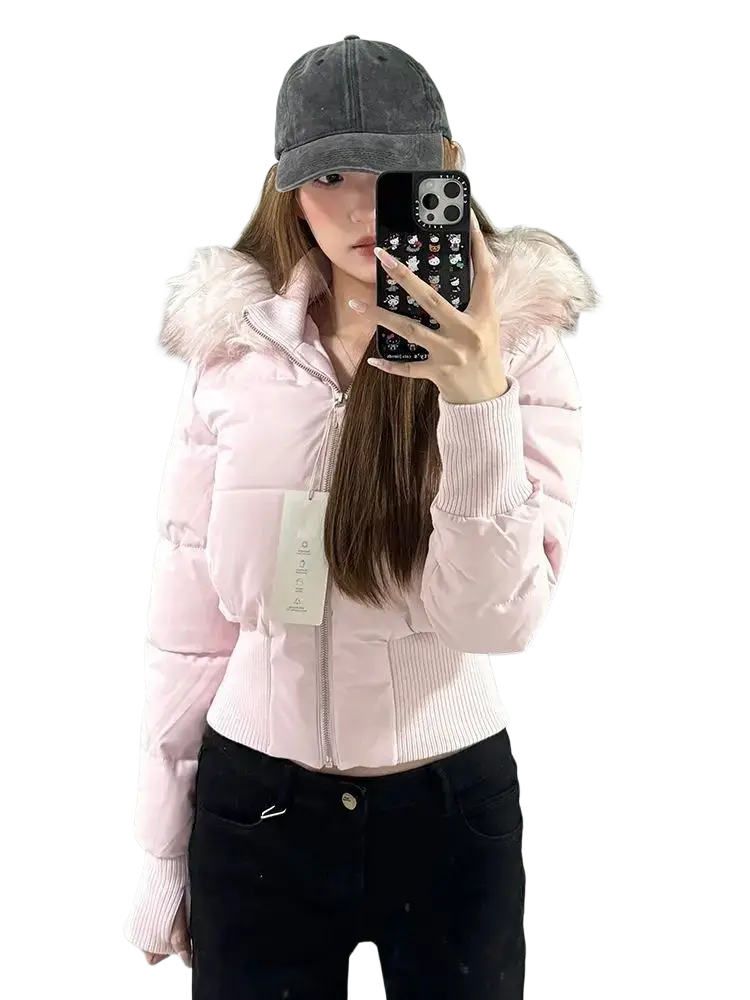 Pink cropped puffer jacket with fluffy white fur-lined hood and ribbed cuffs made for cold weather wear