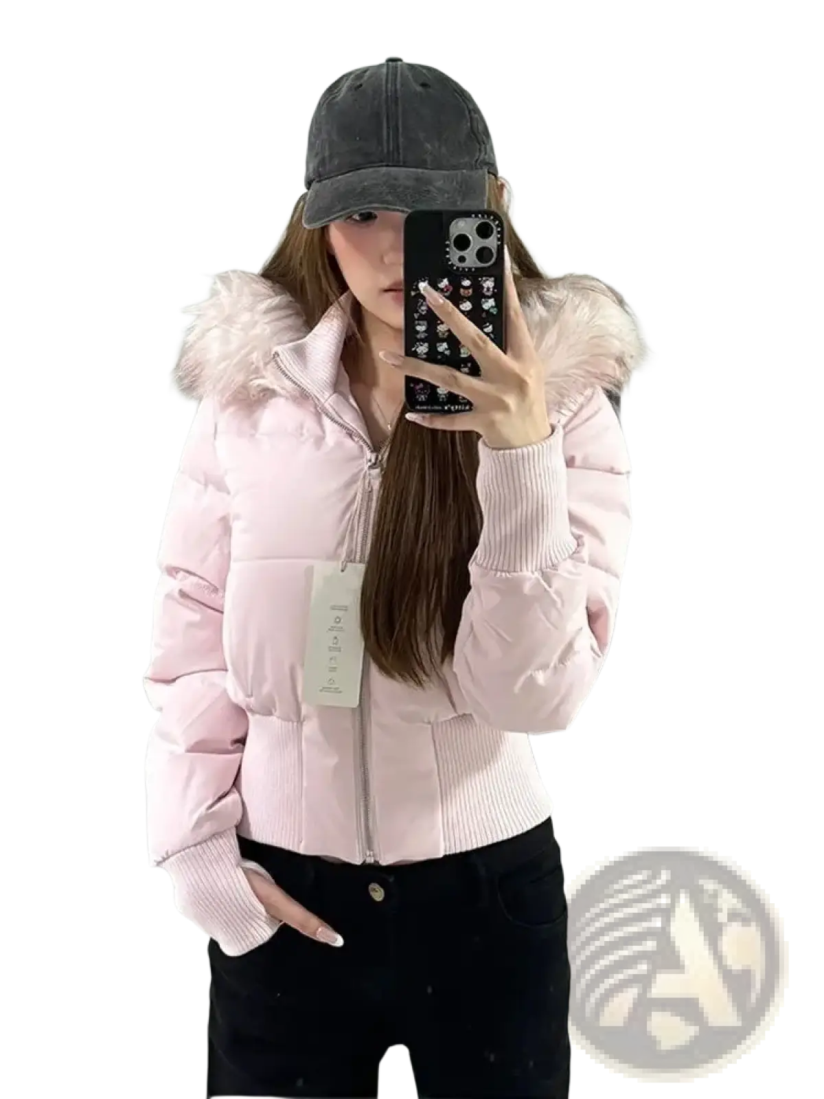 Pink cropped puffer jacket with fluffy fur-lined hood and ribbed cuffs designed for warmth and style