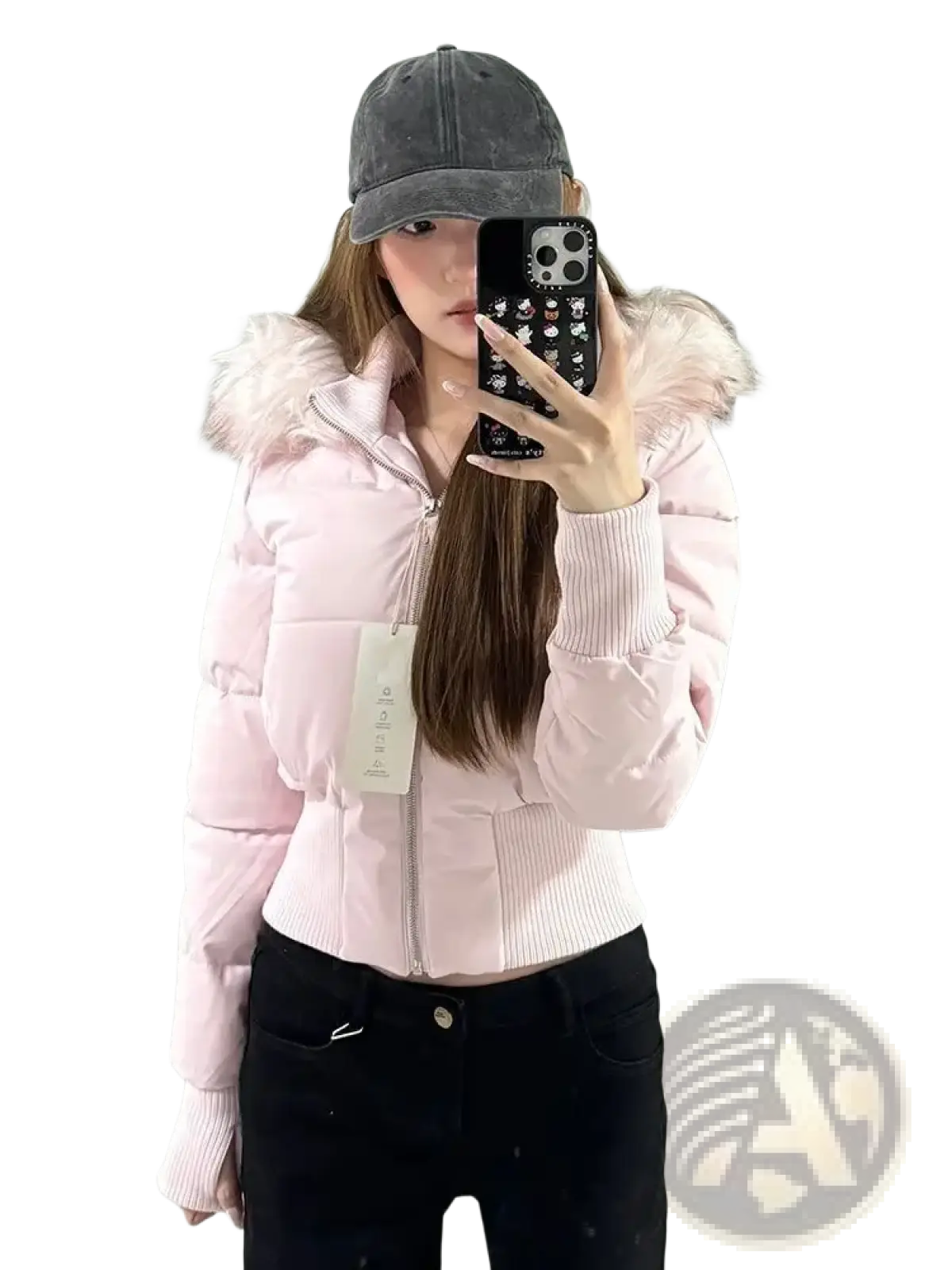 Pink cropped puffer jacket with fluffy white fur-lined hood and ribbed cuffs made for cold weather wear