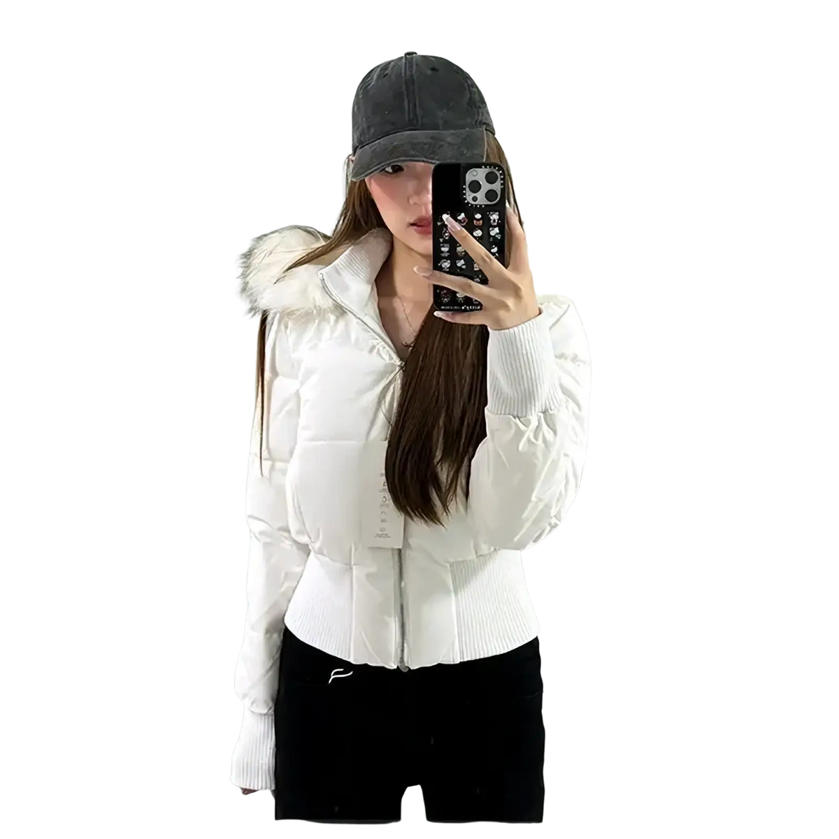White cropped puffer jacket with fluffy fur-lined hood and ribbed cuffs for cold weather wear