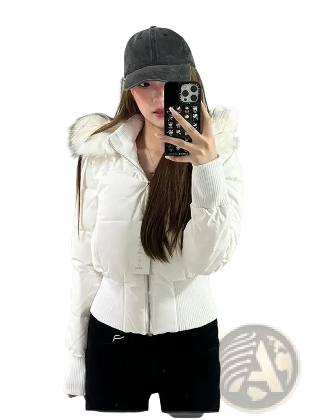 White cropped puffer jacket with fluffy fur-lined hood and ribbed cuffs for warmth and style