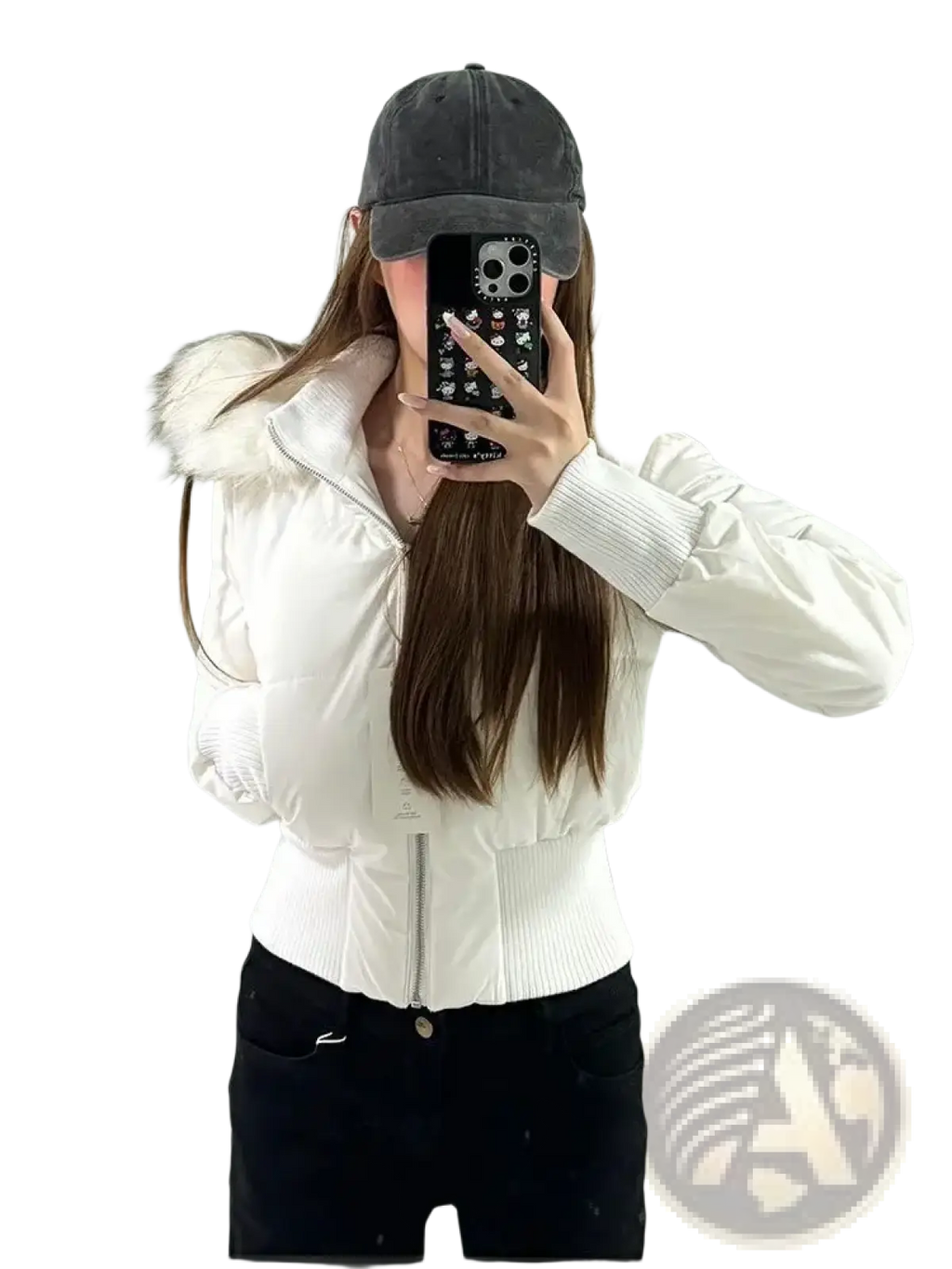 White cropped puffer jacket with fluffy fur-lined hood and ribbed cuffs for cold weather outerwear