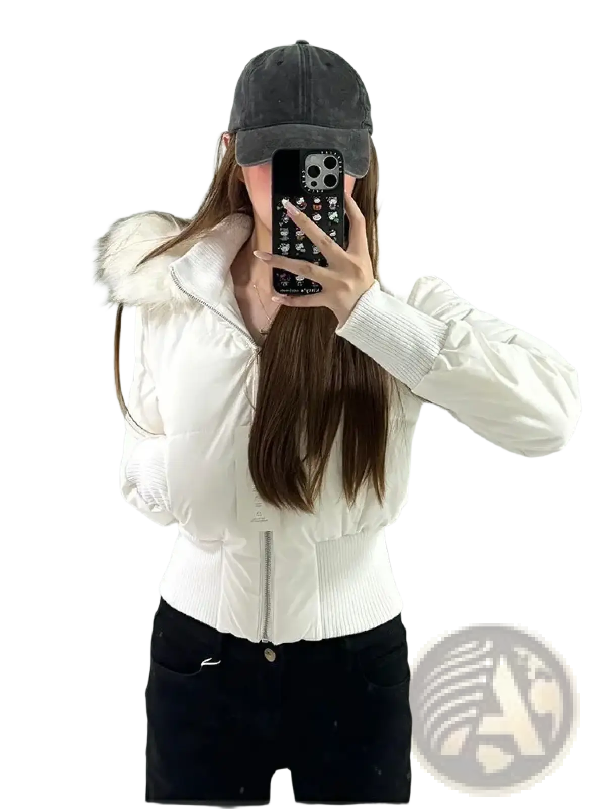 White cropped puffer jacket with fluffy fur-lined hood and ribbed cuffs for cold weather outerwear