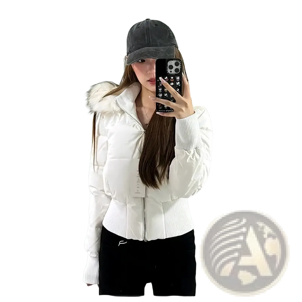 White cropped puffer jacket with fluffy fur-lined hood and ribbed cuffs for cold weather wear