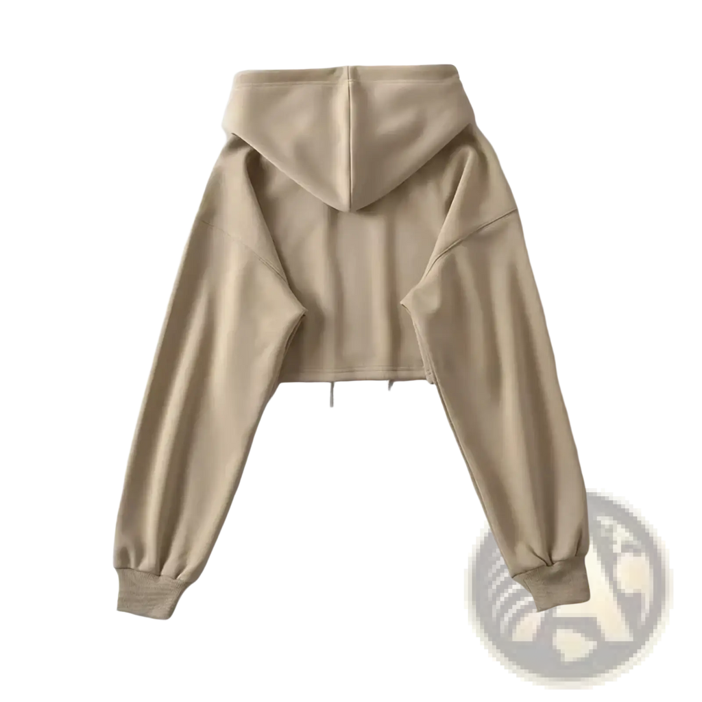 Beige cropped hooded sweatshirt for women with long sleeves and elastic cuffs suitable for streetwear pullover