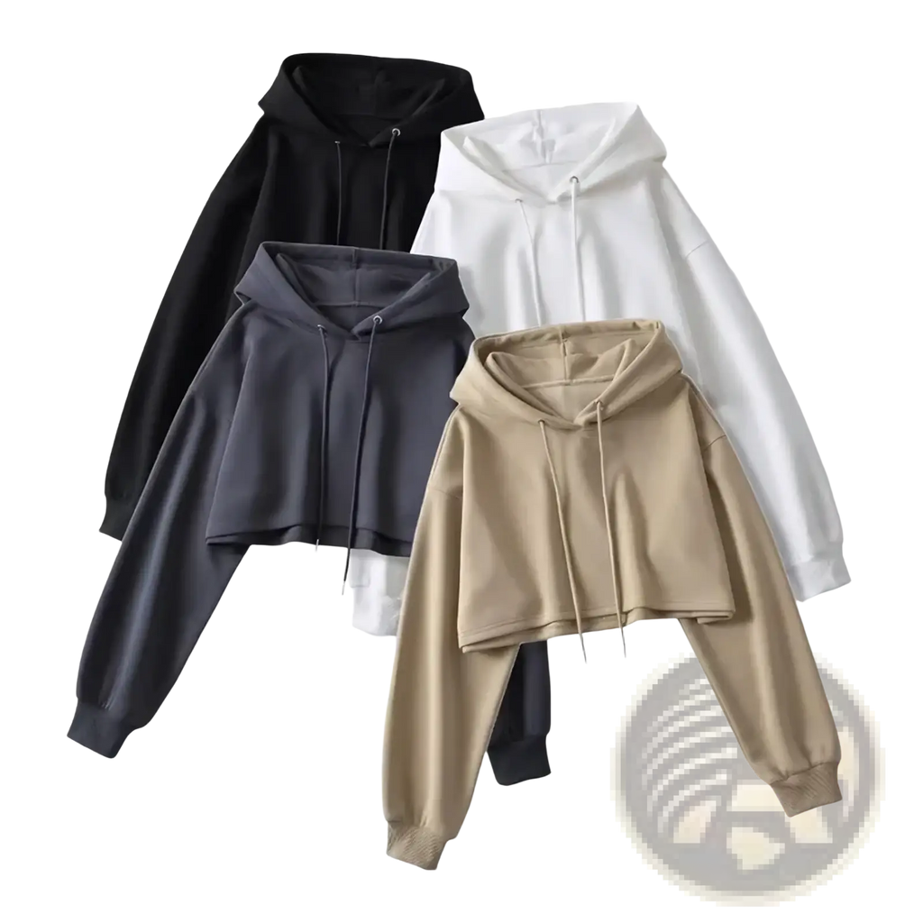 Four cropped hooded sweatshirts for women in black white gray and beige streetwear pullover style