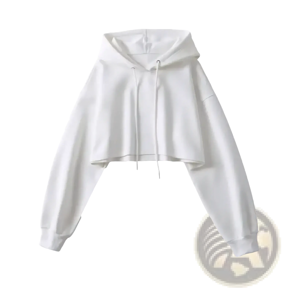 White cropped hoodie with long sleeves and drawstring hood designed as a women streetwear pullover sweatshirt