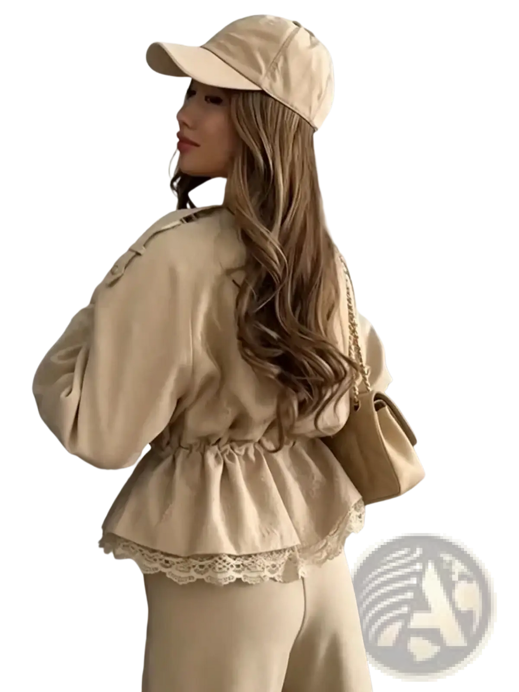 Beige baseball cap made of soft textured fabric with subtle stitching details complementing a cropped lace hem trench jacket
