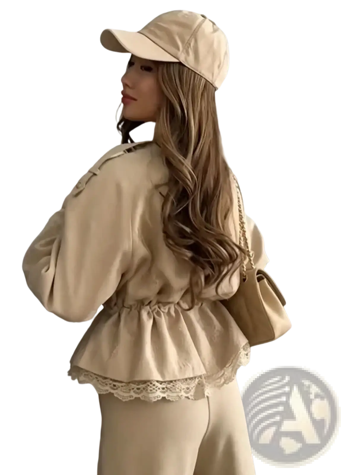 Beige baseball cap with soft textured fabric and subtle stitching details complements cropped lace hem trench jacket
