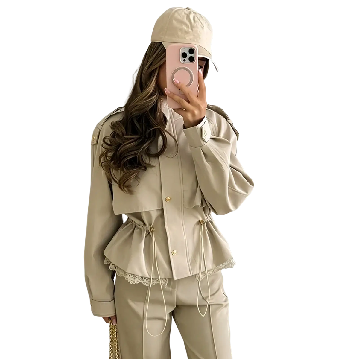Beige cropped lace hem trench jacket featuring drawstring waist and delicate lace trim for stylish layering