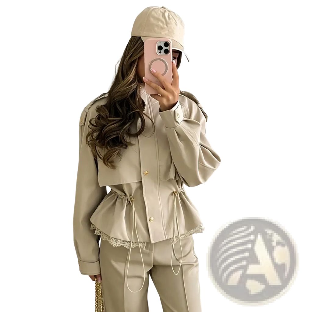 Beige cropped trench jacket with lace hem trim and drawstring waist for a stylish lightweight outerwear option