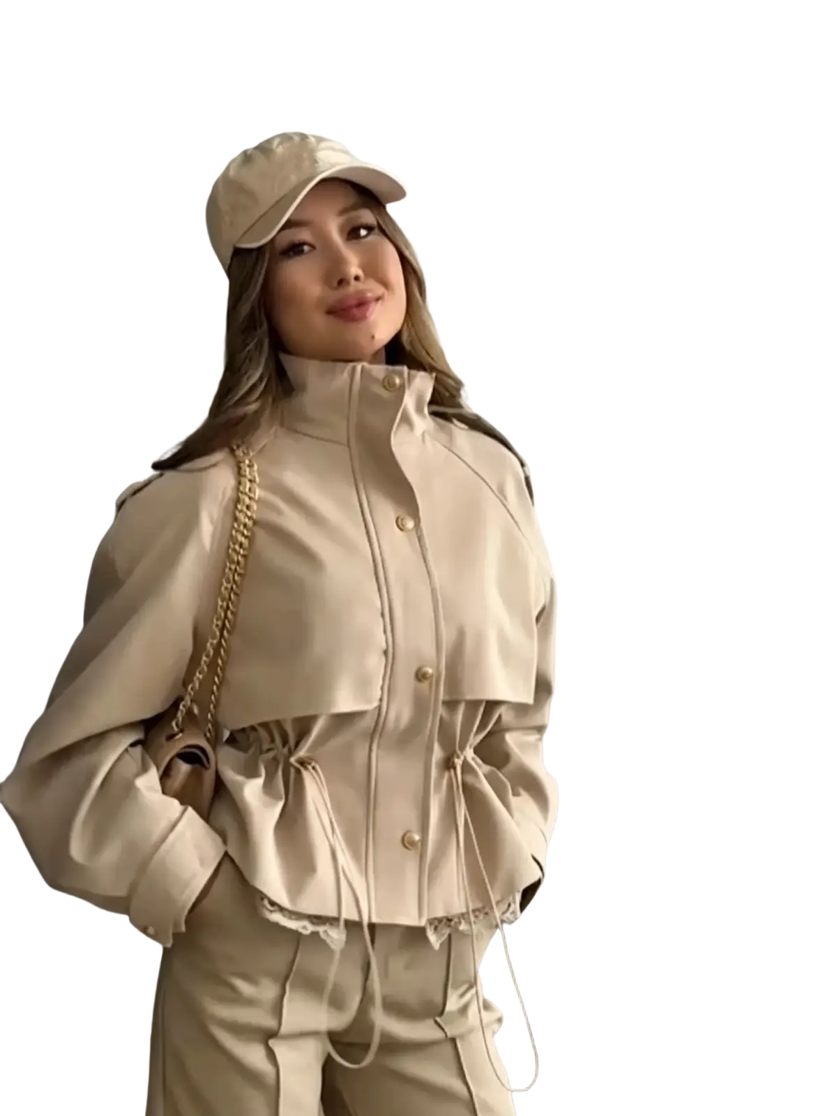 Beige faux leather cropped lace hem trench jacket with button front and drawstring waist for stylish layering