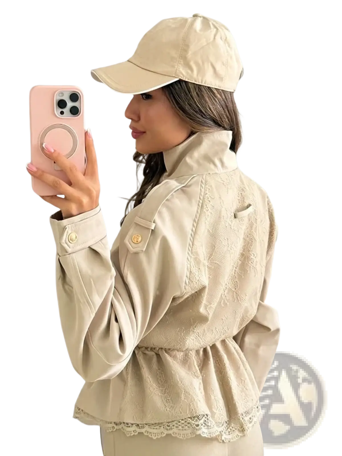 Beige cropped lace hem trench jacket featuring lace trim, peplum waist, and gold tone buttons