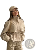 Beige cropped lace hem trench jacket in faux leather with button front and drawstring waist detail
