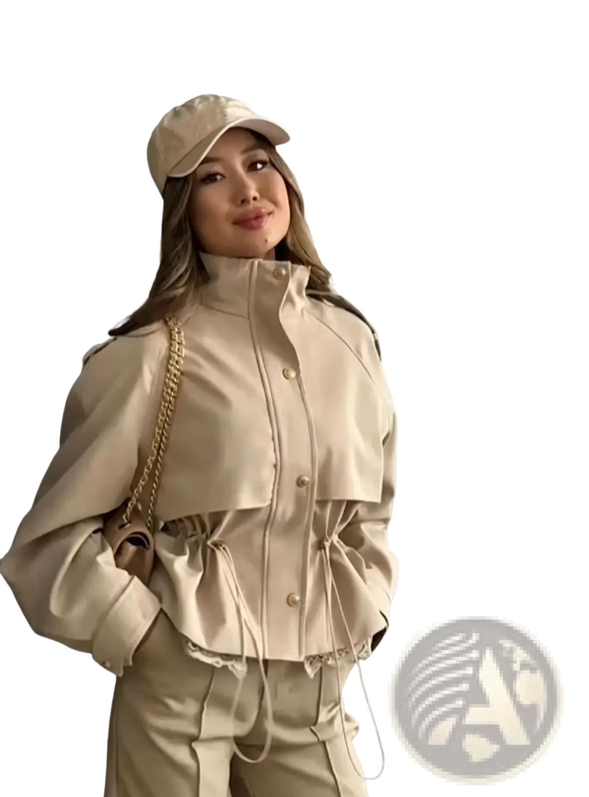 Beige cropped lace hem trench jacket in faux leather with button front and drawstring waist detail