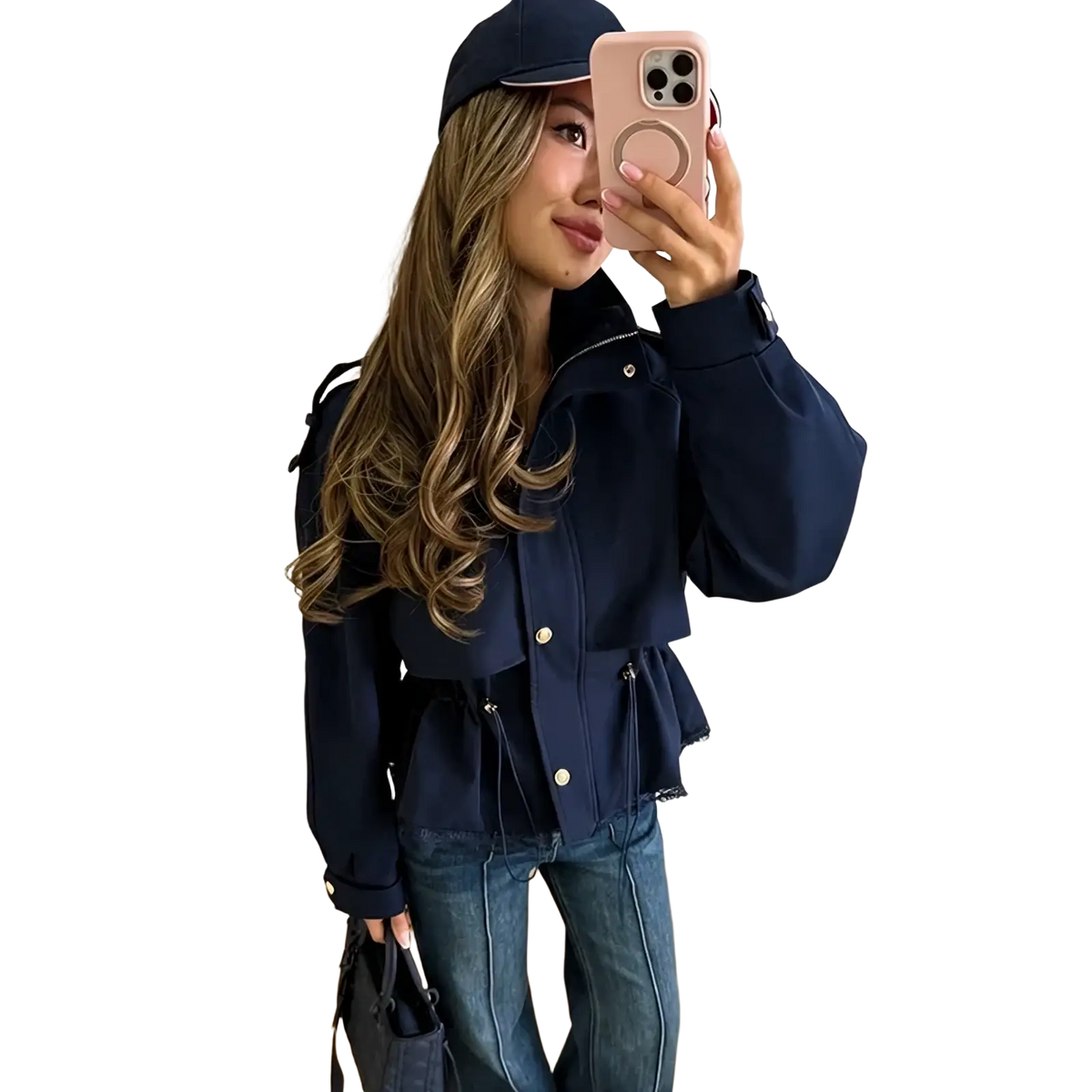 Navy blue cropped trench jacket with lace hem, gold-tone buttons, and peplum detail for stylish outerwear