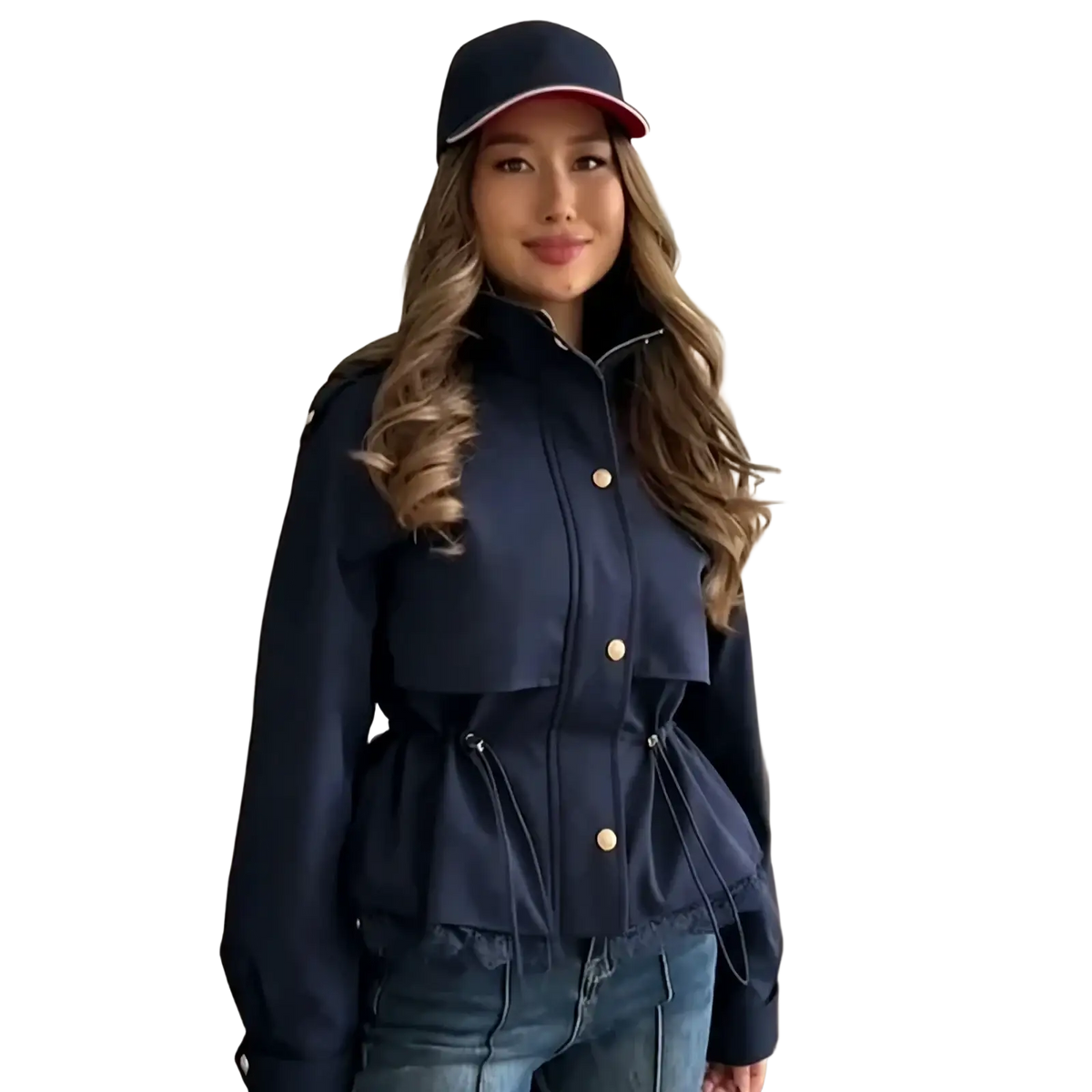 Navy blue cropped lace hem trench jacket with gold-tone buttons, belted waist, and a peplum hem detail