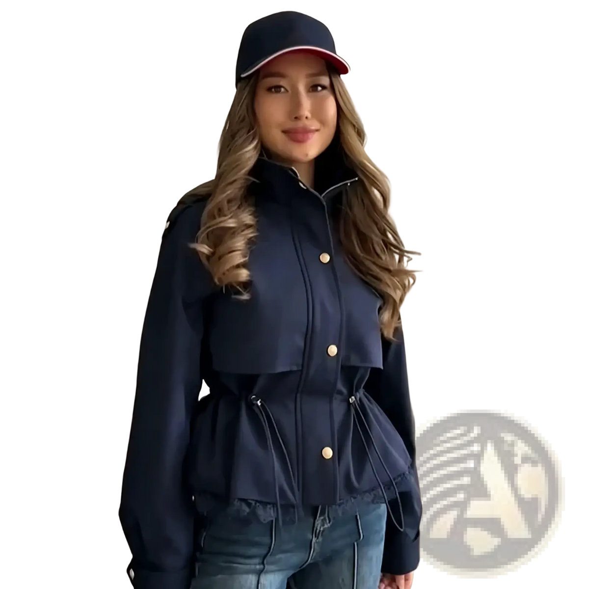 Navy blue belted trench jacket with gold tone buttons and peplum hem featuring a cropped lace hem detail