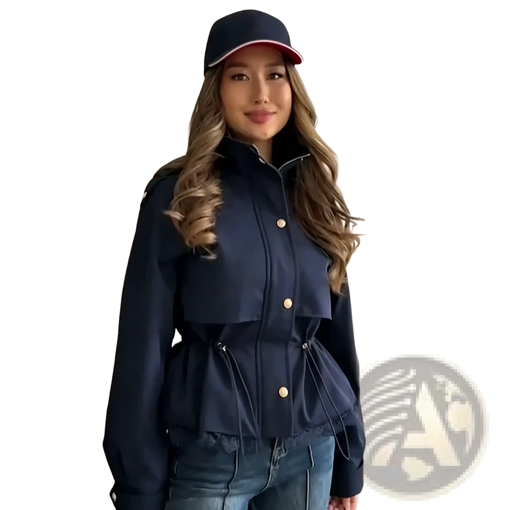 Navy blue cropped lace hem trench jacket with gold-tone buttons, belted waist, and a peplum hem detail