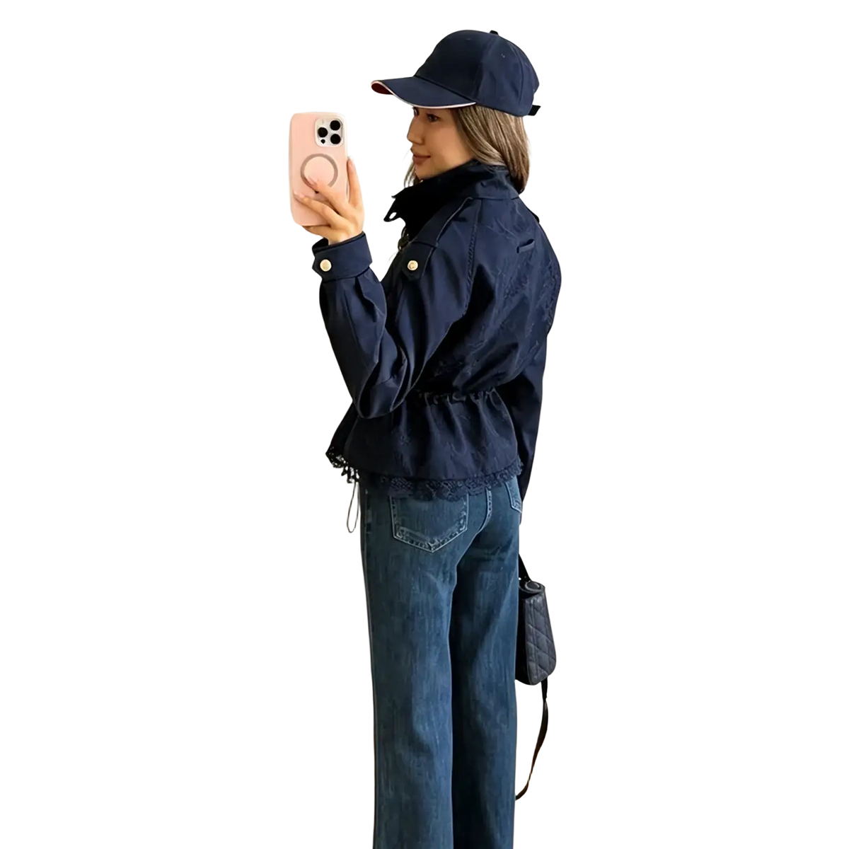Navy blue denim cropped lace hem trench jacket with belted waist and frayed hem detail