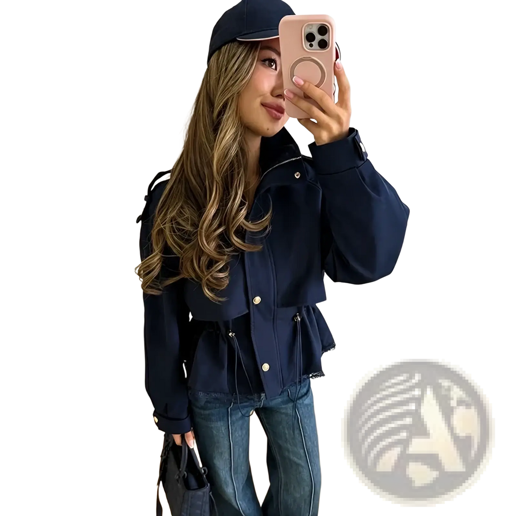 Navy blue cropped lace hem trench jacket featuring gold-tone buttons and a peplum hem for a stylish look