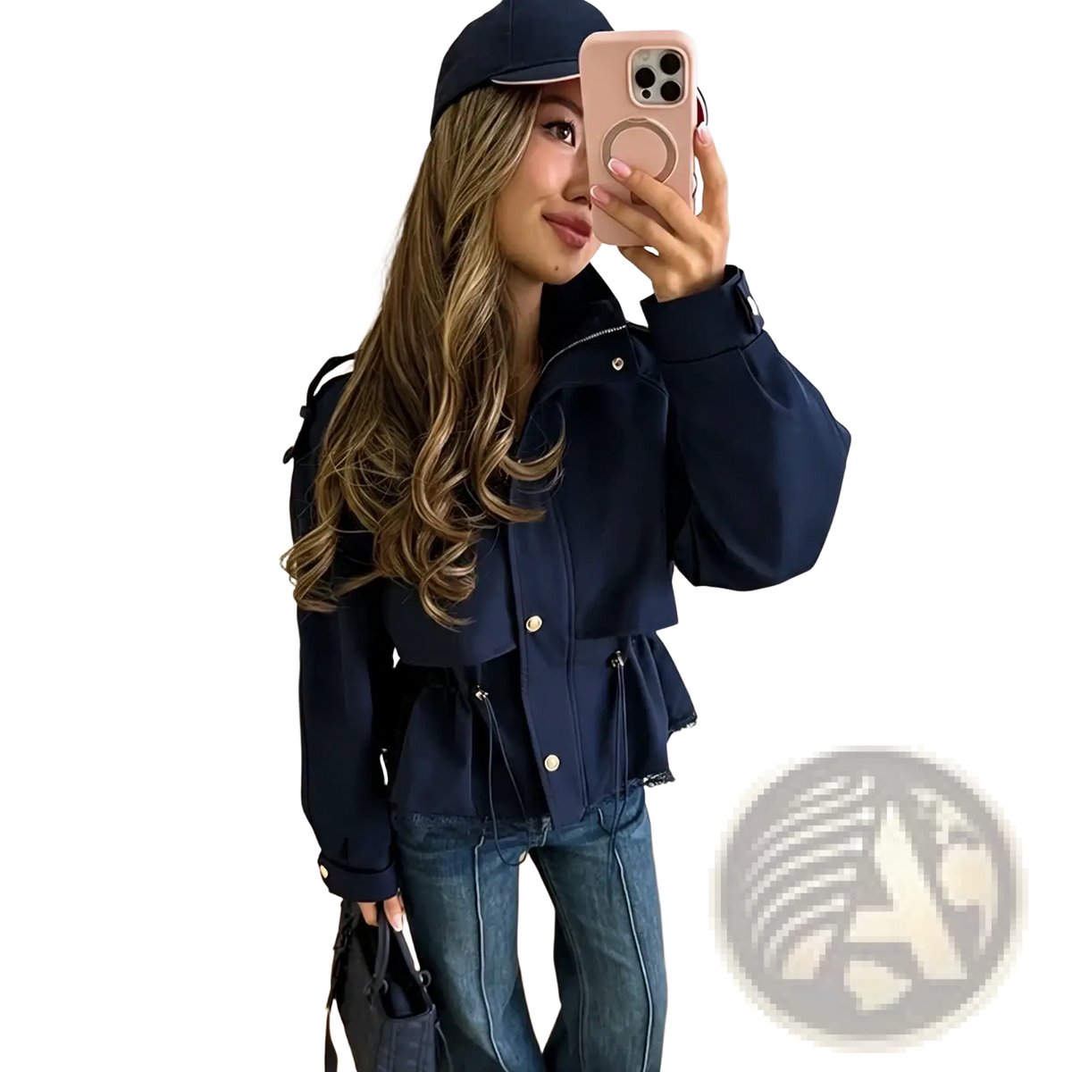 Navy blue cropped lace hem trench jacket featuring gold-tone buttons and a peplum hem for a stylish look