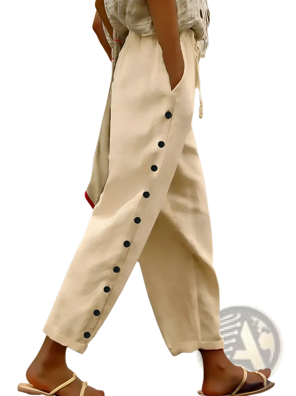 Cream-colored cotton cropped patchwork casual pants with relaxed fit navy side buttons and red hem trim