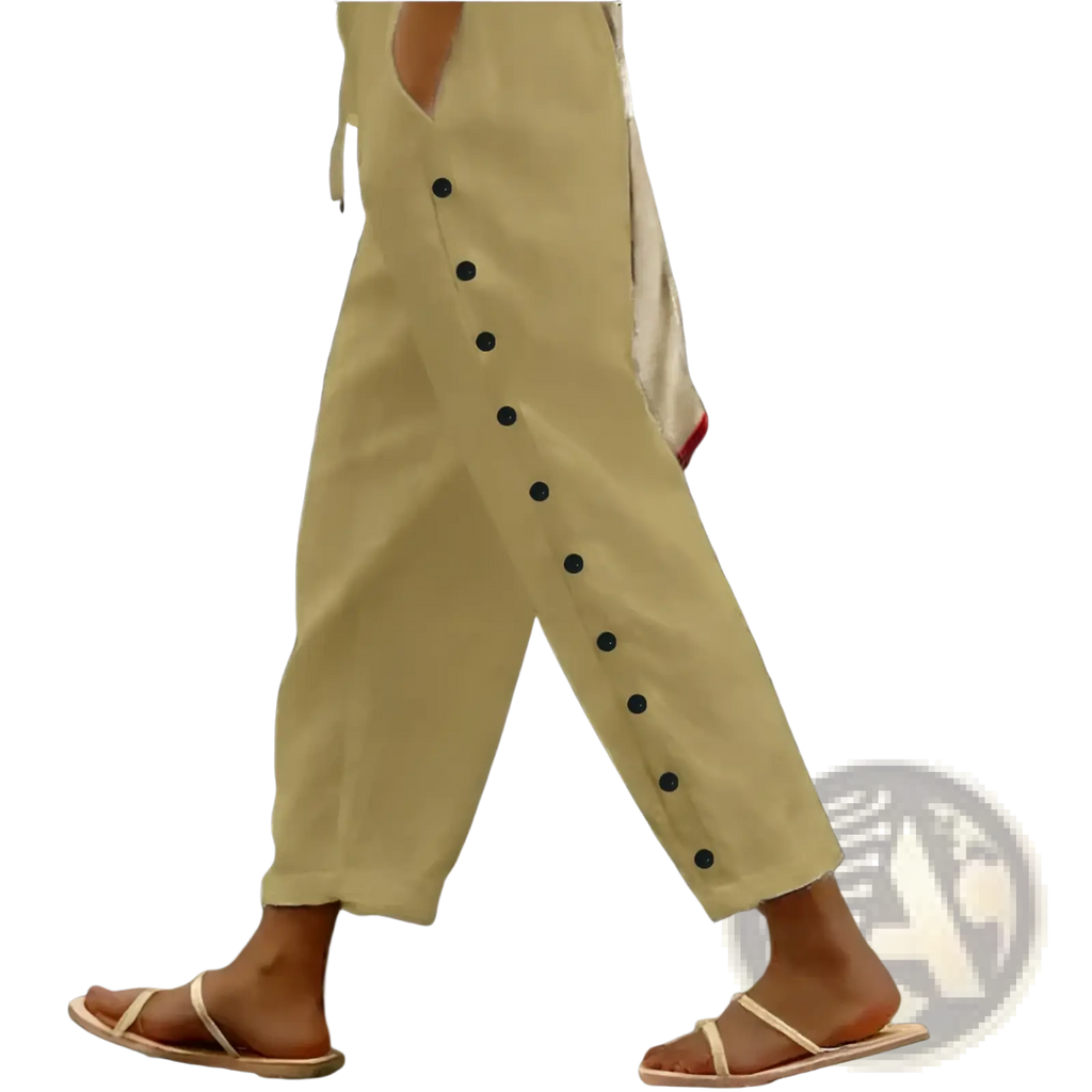 Beige linen cropped patchwork casual pants for women with black buttons down the side seam