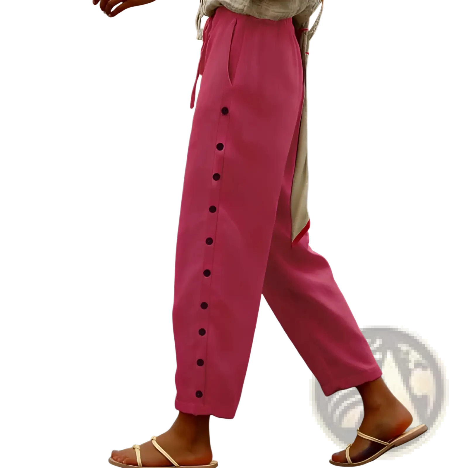 Cropped patchwork button casual pants for women in bright pink with loose fit and vertical black button detailing on side