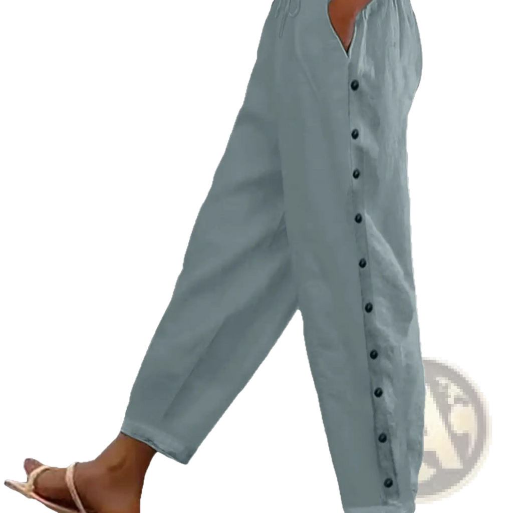 Light blue loose-fitting cropped patchwork casual pants with button-down front and elastic waistband for women