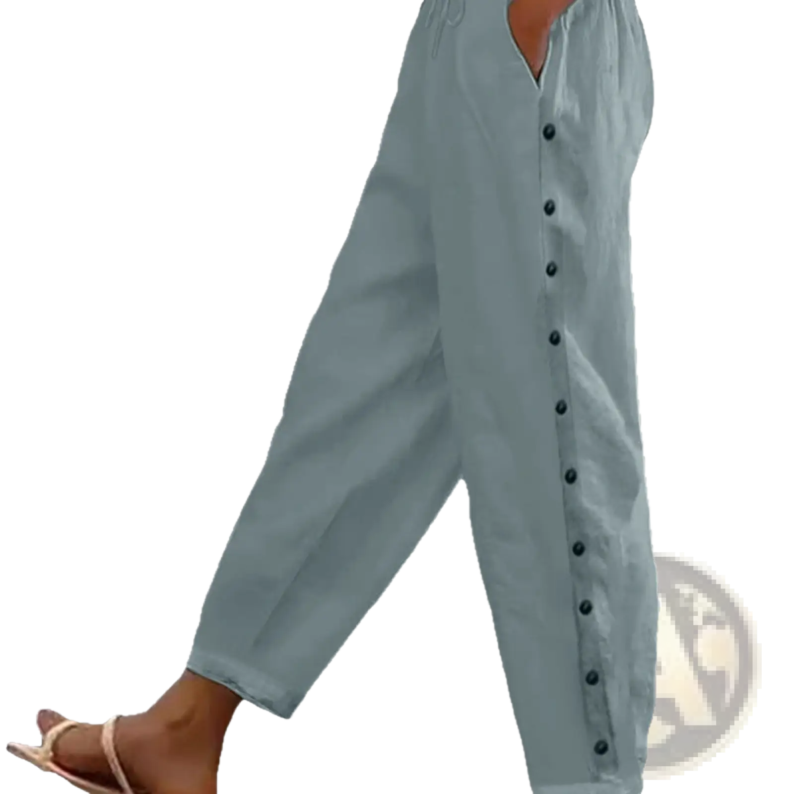 Light blue loose-fitting cropped patchwork casual pants with button-down front and elastic waistband for women
