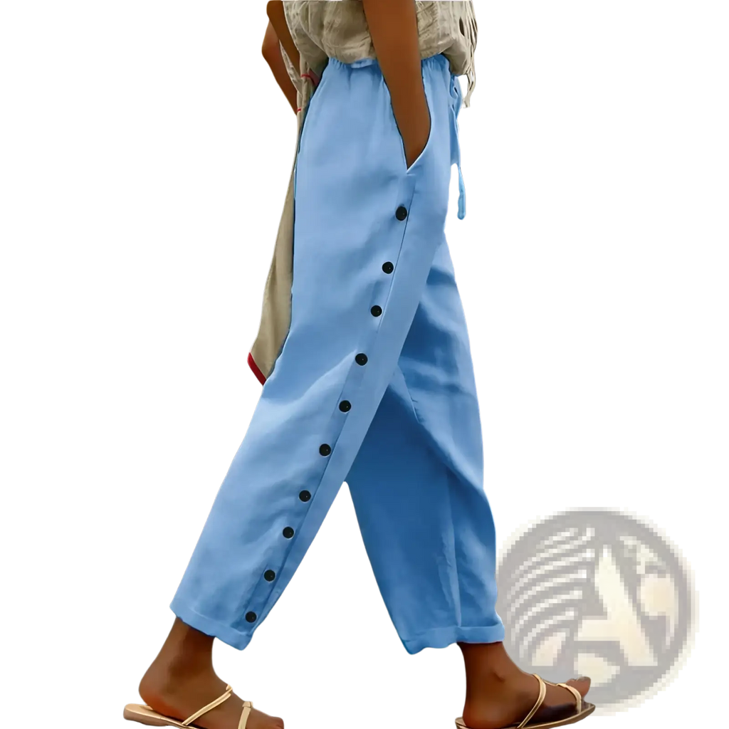 Light blue cropped patchwork button casual pants for women featuring button front, relaxed fit, and rolled cuffs