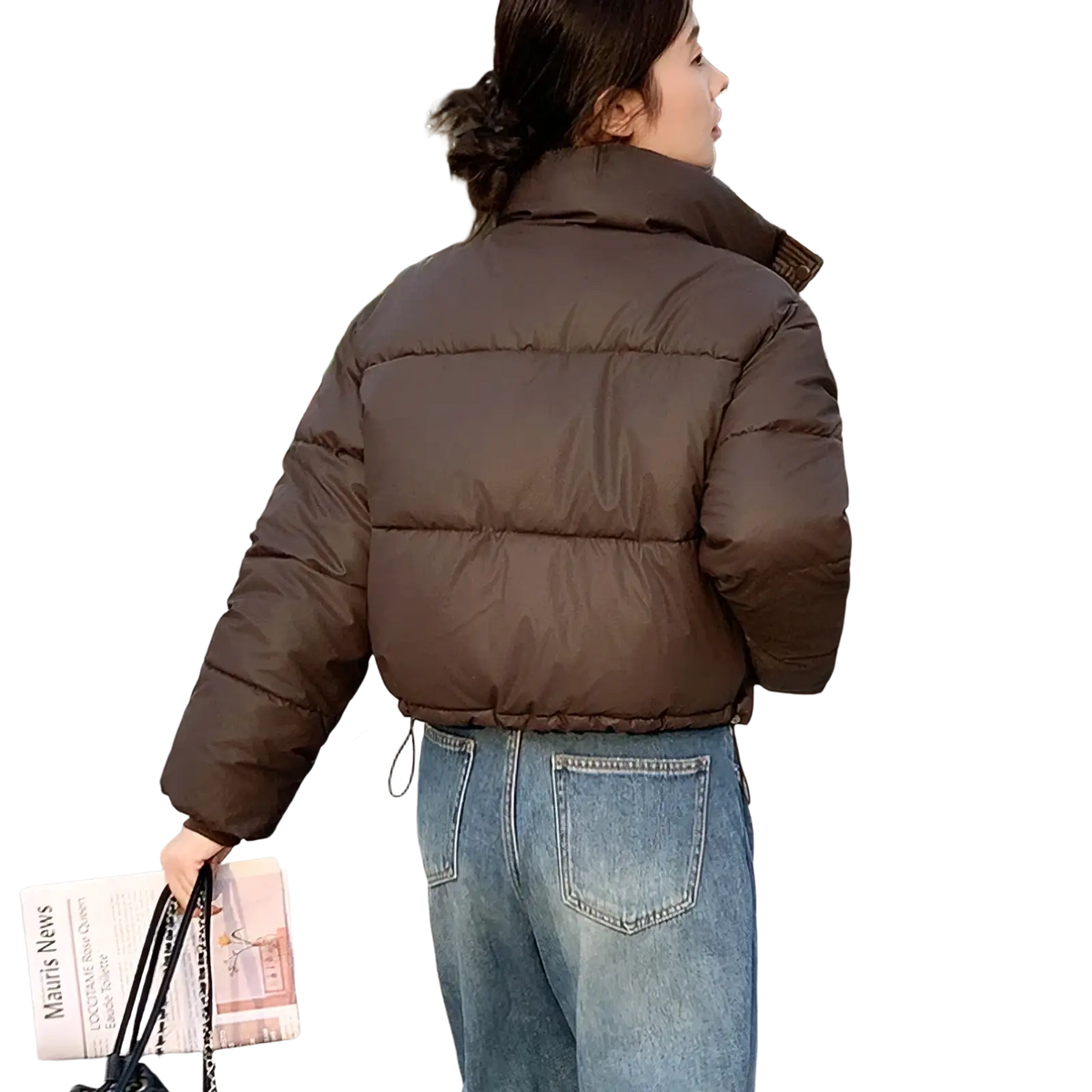 Brown cropped puffer jacket with quilted design and high collar for winter warmth and style