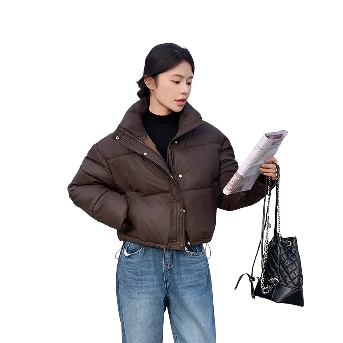 Cropped brown quilted puffer jacket with silver-toned buttons designed as a warm winter coat