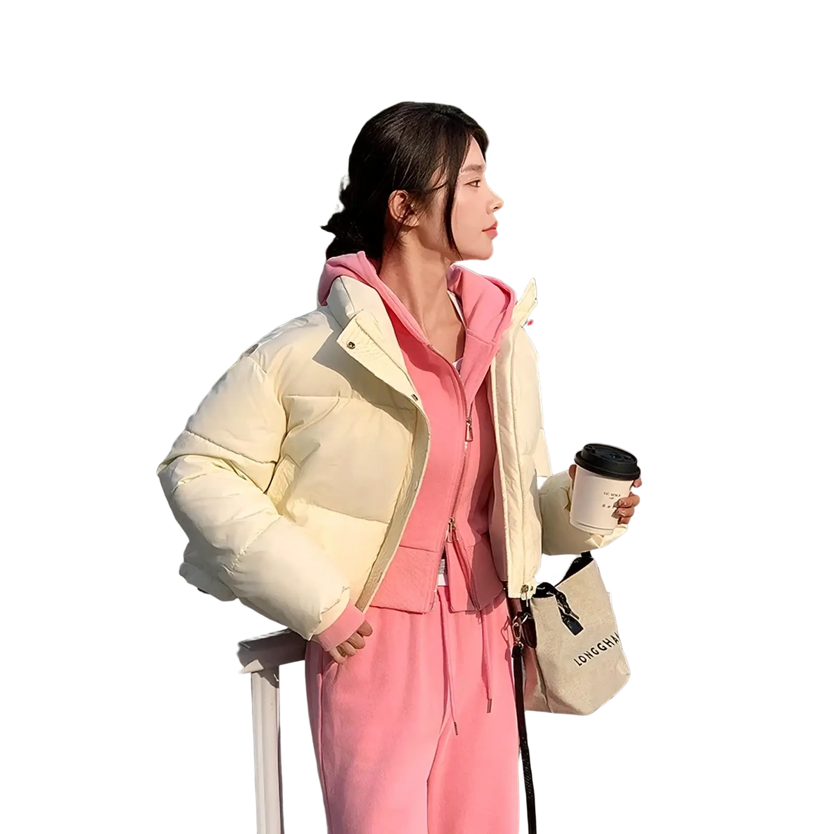 Cream-colored cropped puffer jacket with hood and quilted design for winter warmth and casual use