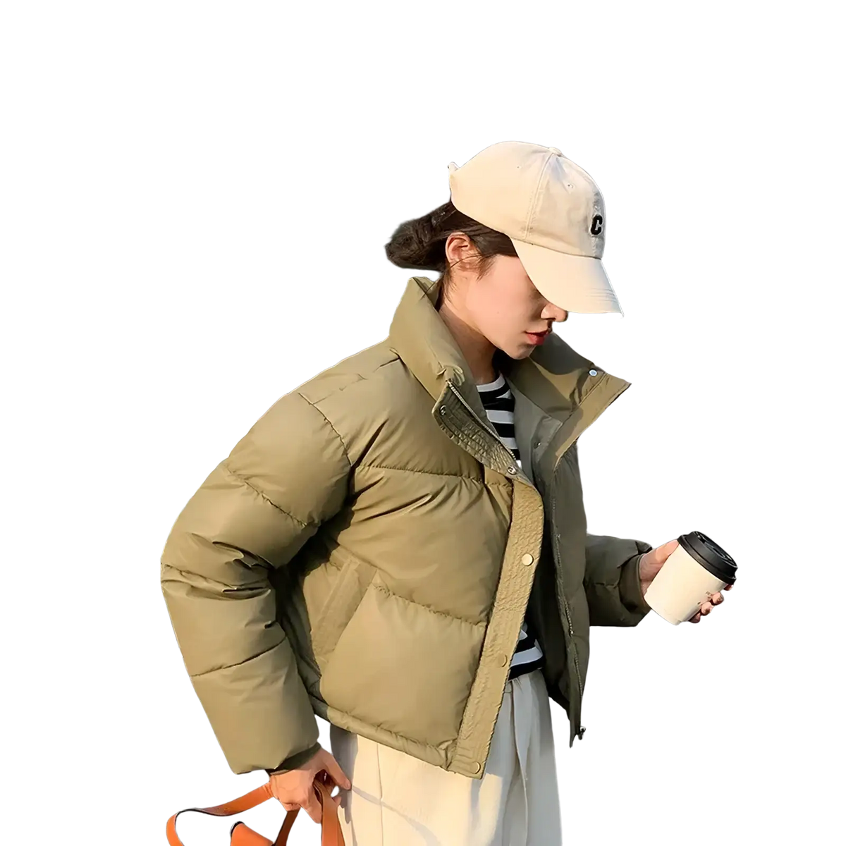 Olive green cropped puffer jacket with quilted design and button closure winter warm coat