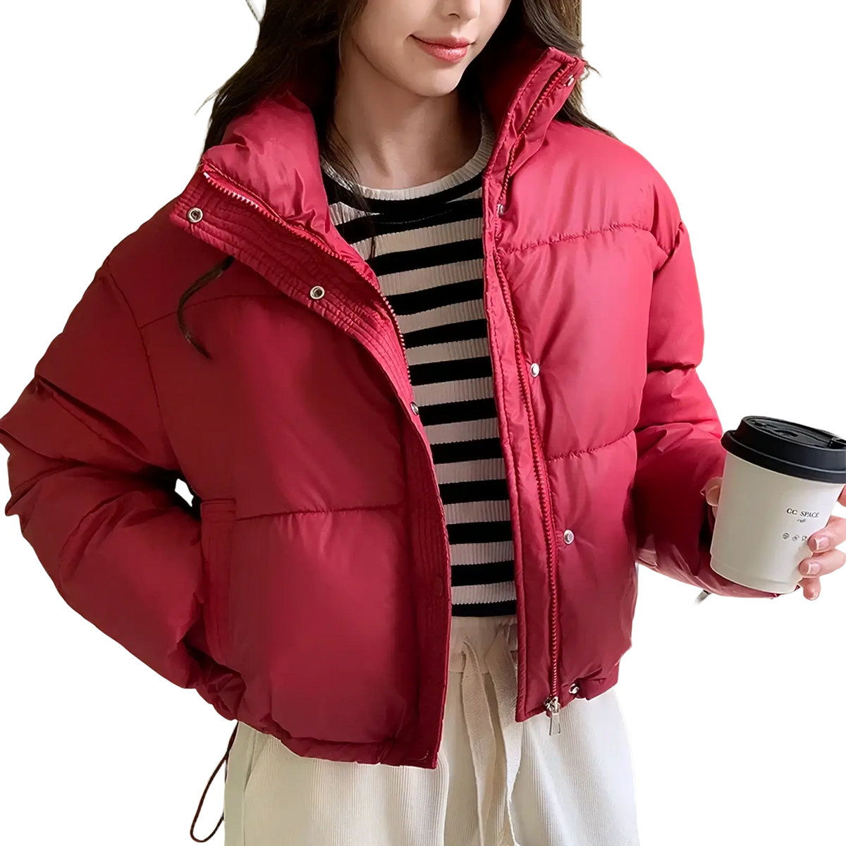 A vibrant red cropped puffer jacket with quilted design and silver-toned snap buttons for winter warmth