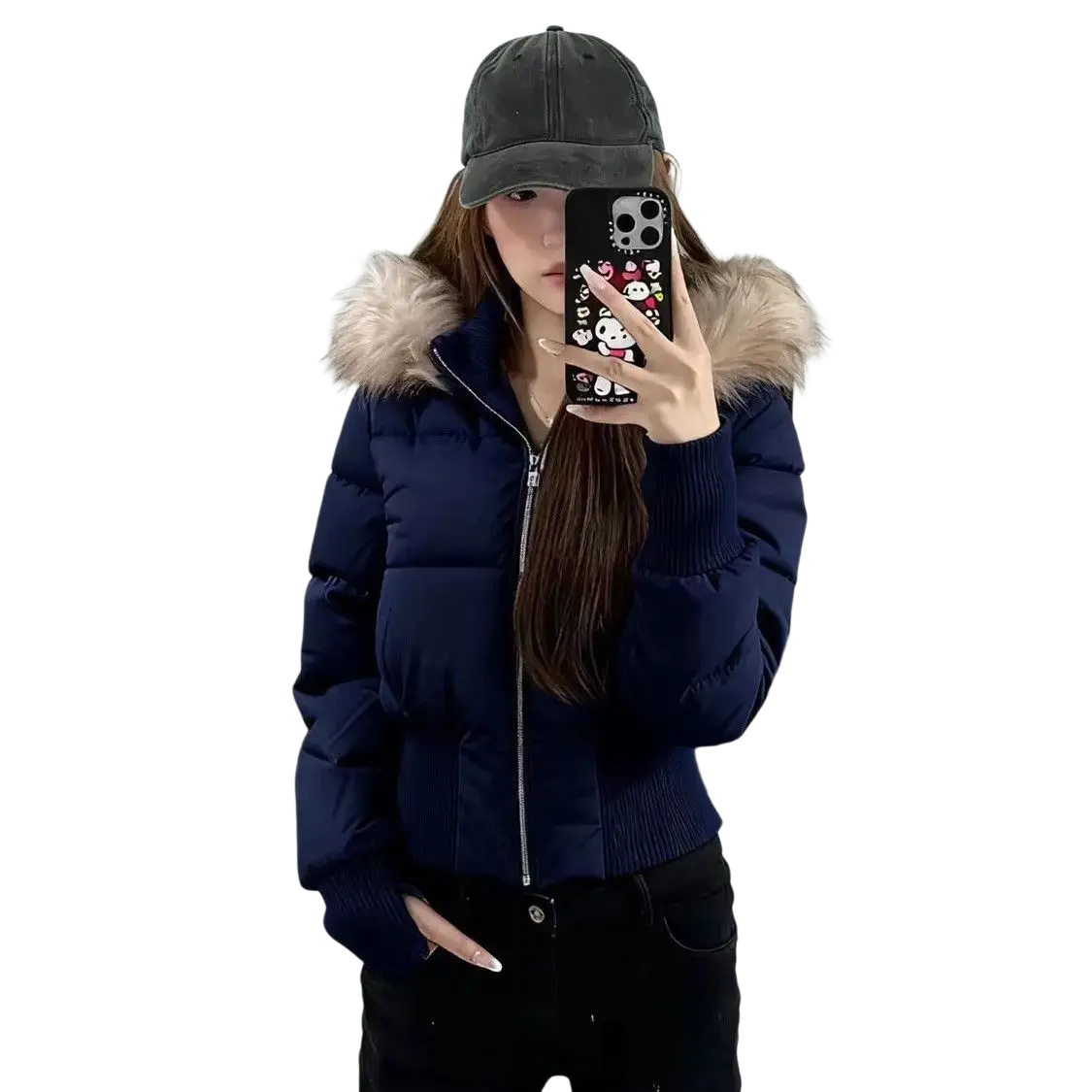 Navy blue cropped puffer jacket women with fluffy beige fur-lined hood winter coat for cold weather