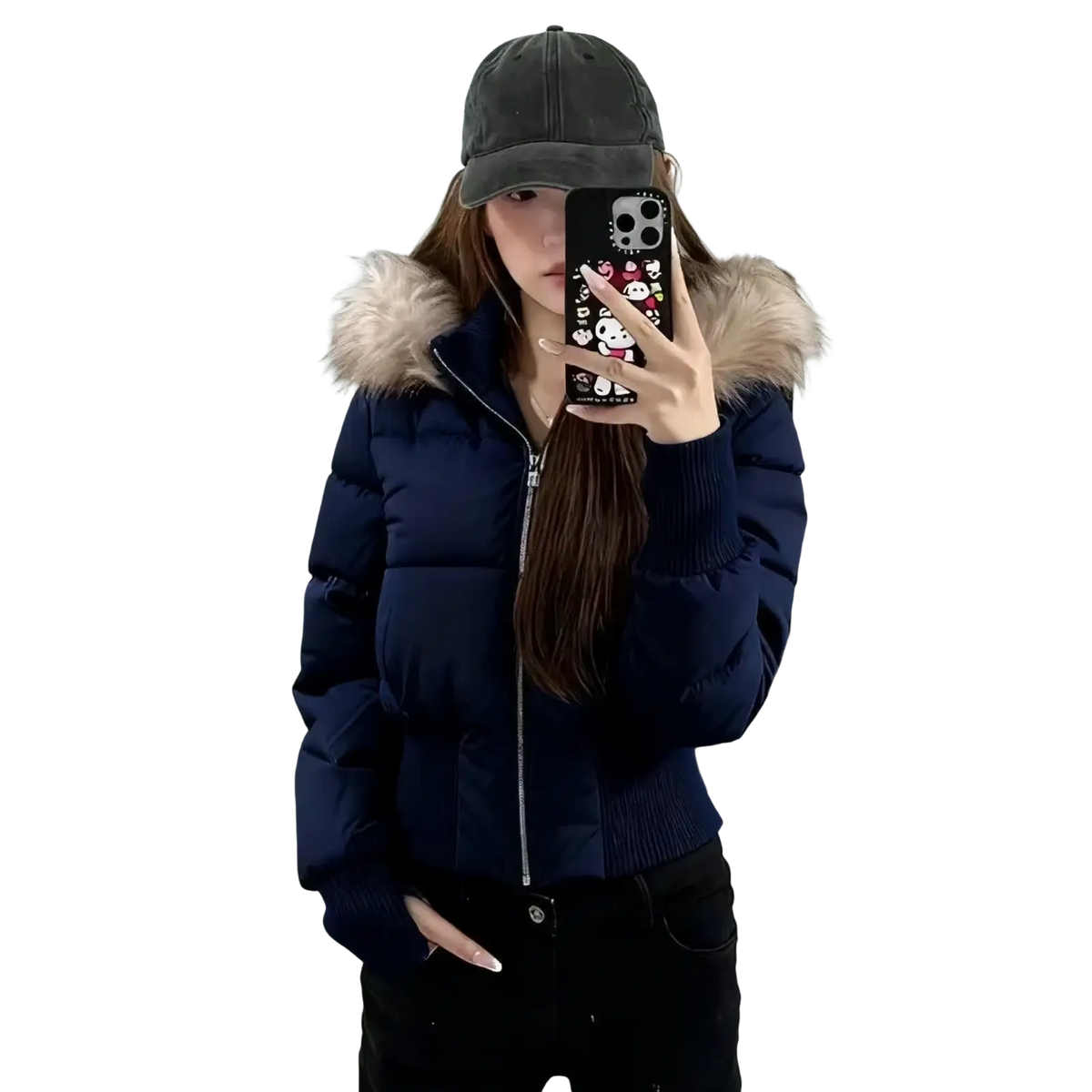 Navy blue cropped puffer jacket for women with fluffy beige fur-lined hood winter coat for cold weather use