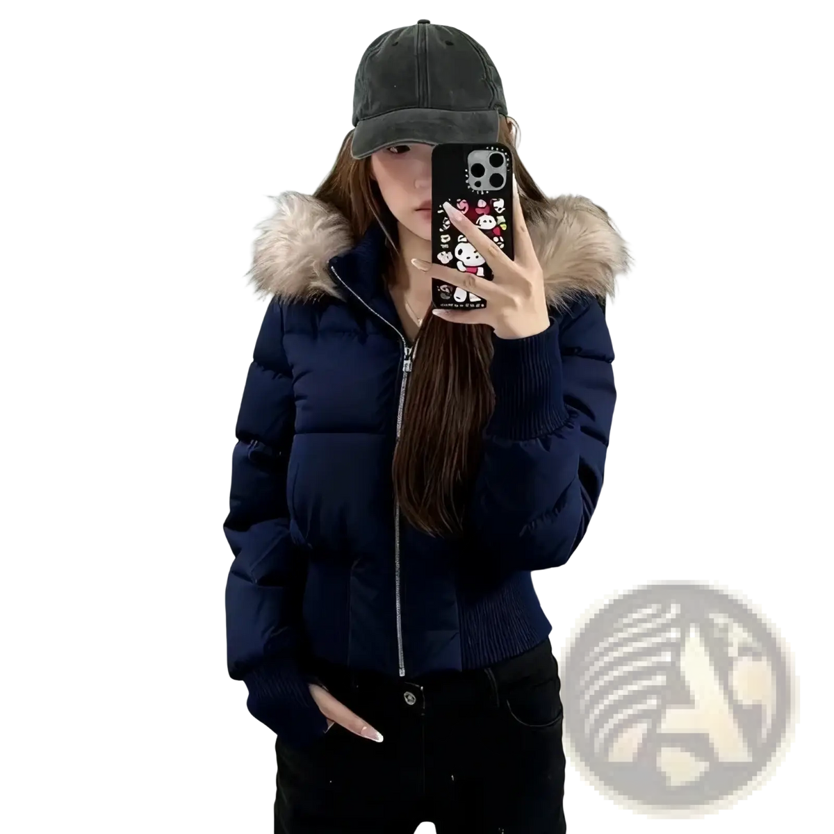 Navy blue cropped puffer jacket for women with fluffy beige fur-lined hood winter coat for cold weather use