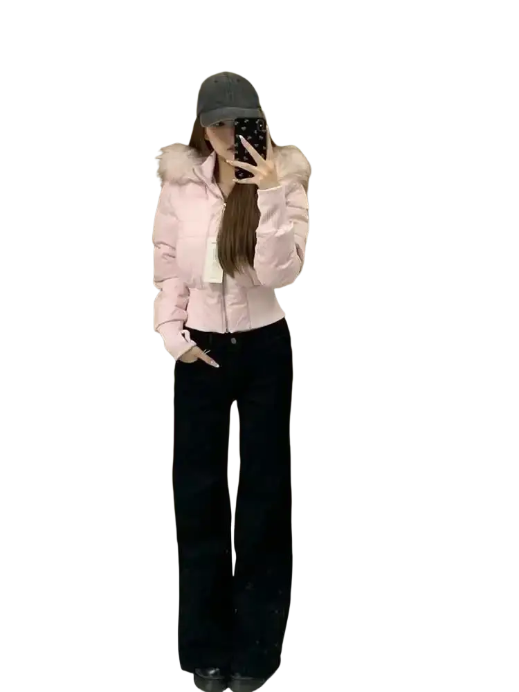 Pink cropped puffer jacket for women with a fluffy fur-lined hood designed for winter wear