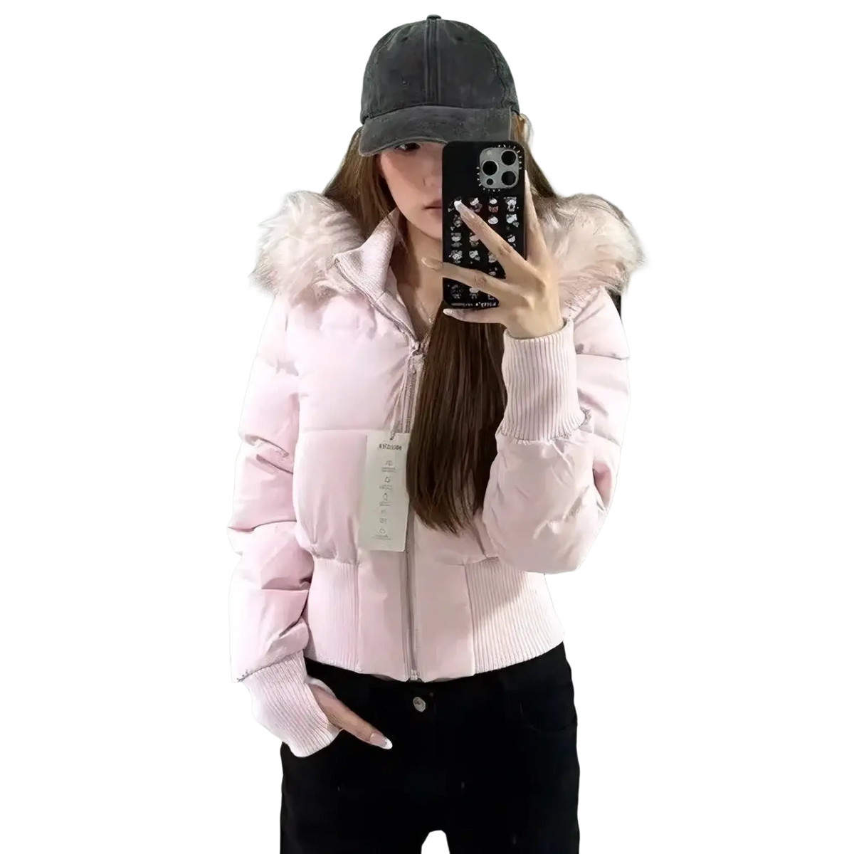 Pink cropped puffer jacket with fluffy fur-lined hood and ribbed cuffs for women winter coat
