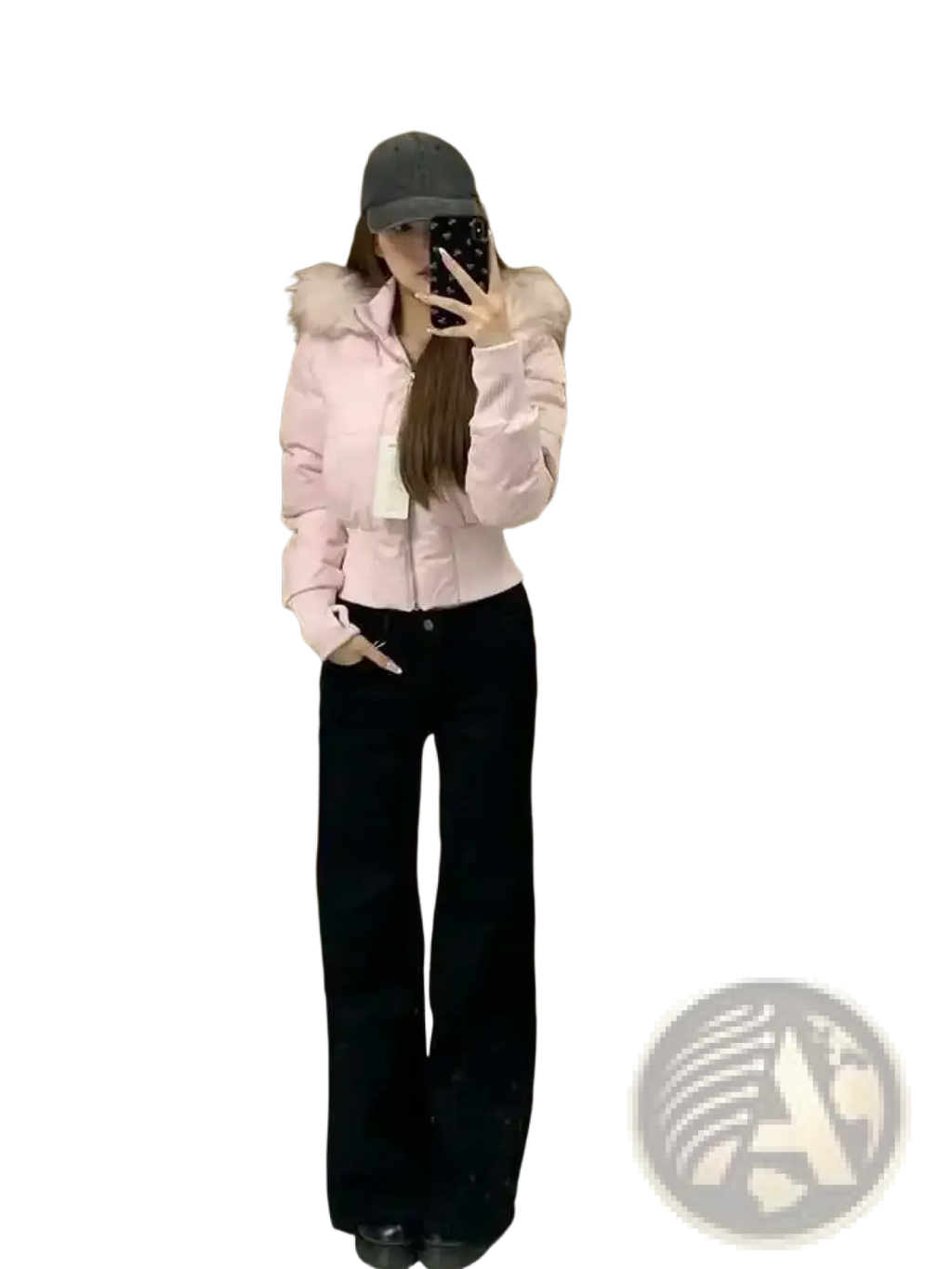 Pink cropped puffer jacket for women with a fluffy fur-lined hood designed for winter wear