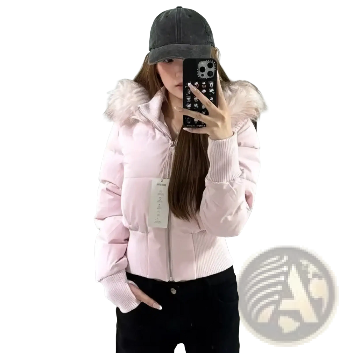 Pink cropped puffer jacket for women with fluffy white fur-lined hood and ribbed knit cuffs for winter wear