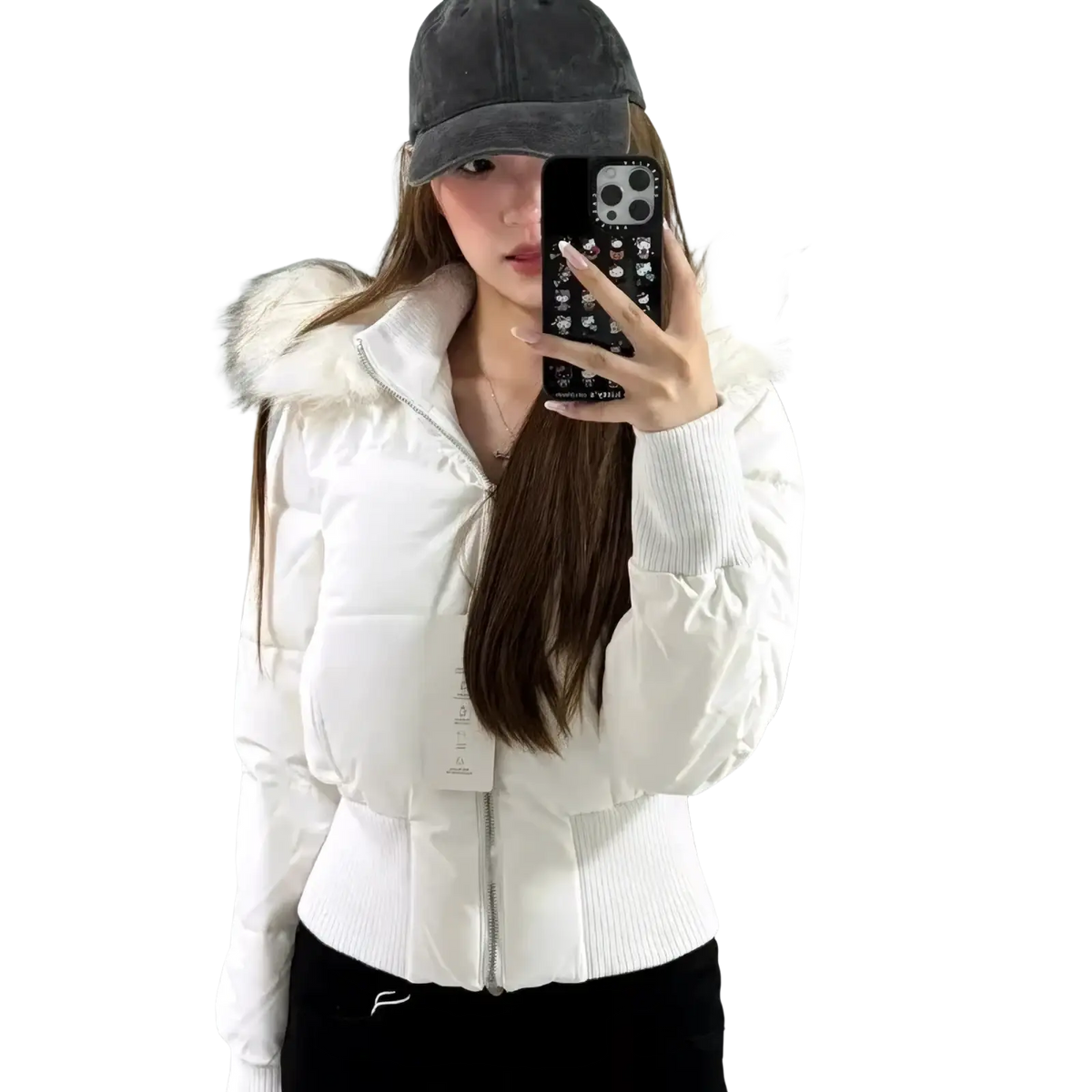 White cropped puffer jacket for women with a fluffy fur-lined hood and ribbed cuffs for winter use